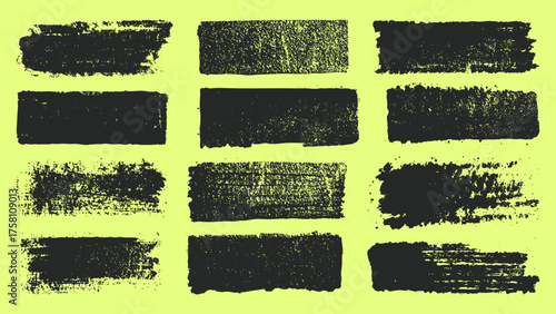Dry paint brush textures with rough strokes. Abstract black stencil marks for posters, digital backgrounds, grunge compositions.