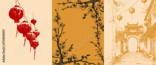 Hand drawn Chinese lanterns, plum blossom branches frame, pencil crayon oriental architecture. Vector minimal line design for Lunar New Year templates.