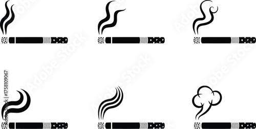 Six Black and White Cigarette Icons with Varying Smoke Patterns