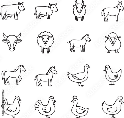 Collection of various farm animals in simple outline illustrations.