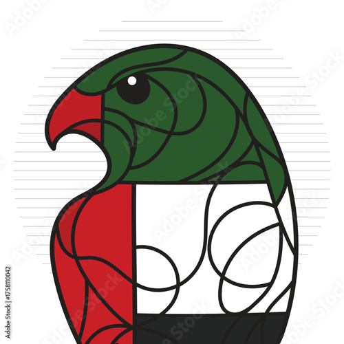Emirati Falcon Illustration in Stained Glass Mosaic Style with UAE Flag Colores – Symbolic Cultural Artwork for Educational Posters and Decorative Prints Celebrating National Pride and Heritage