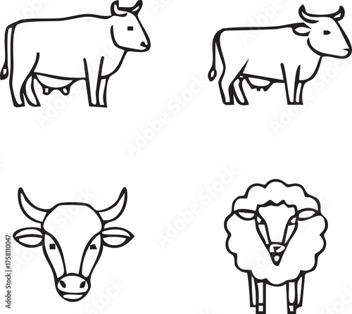 Simple line art illustrations of various farm animals including cows and sheep.