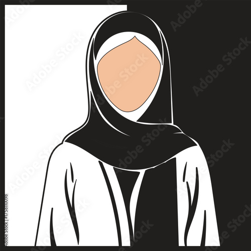 Black and white portrait of a woman in abaya and hijab without a face - Abstract cultural identity artwork for educational diversity posters and modern Islamic wall decor