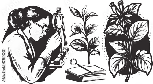 Botanist studies plant life with vintage equipment, exploring nature's secrets with old world charm