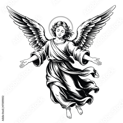 Elegant angel with outstretched wings and halo in vintage sketch style