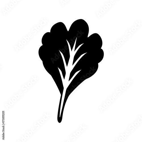 Simple black silhouette of a single lettuce leaf with stem for fresh food designs