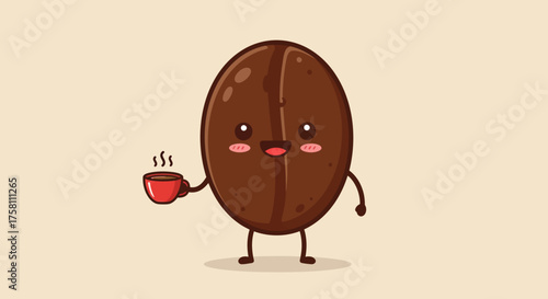 Kawaii Coffee Bean Mascot with a Hot Drink Cartoon Illustration