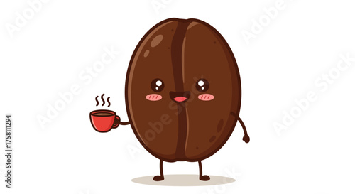 Cute Coffee Bean Character Holding a Cup Vector Illustration