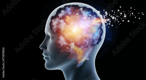 Abstract Digital Painting: Human Head Silhouette with Swirling Thoughts & Creativity