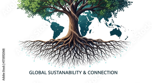 Conceptual Art: Stylized Tree with Roots Forming a Global Network & Growth