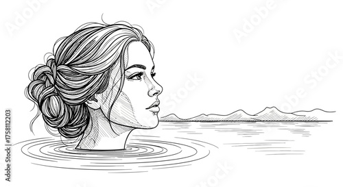 Delicate Ink Line Art: Reflective Woman Gazing at Distant Horizon