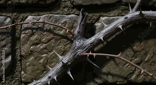 Dramatic Close-Up of Weathered Thorned Vine in Chiaroscuro Style