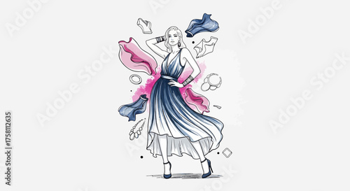 Dynamic Line Art Woman Posing with Artistic Flair & Abstract Fashion