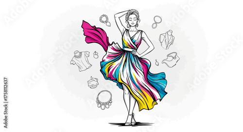 Dynamic Line Art Woman Posing with Artistic Flair & Abstract Fashion