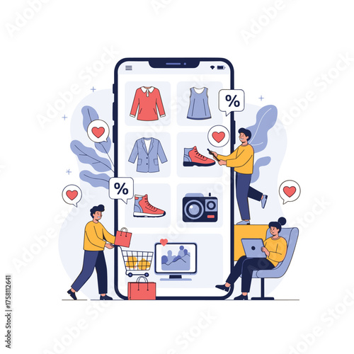 Online shopping illustration featuring people interacting with a mobile app for retail purchases.