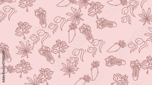 Repeating pattern of various vegetables on a pink background. Perfect for food blogs, recipe cards, restaurant menus, and kitchenware designs.
