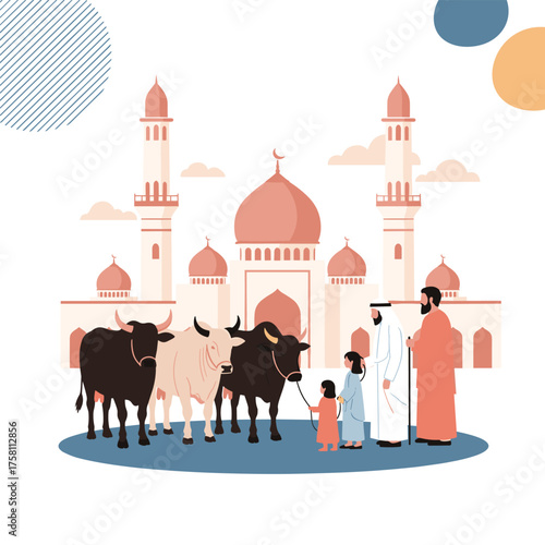 A Muslim family prepares for Eid al-Adha with their cattle near a mosque.