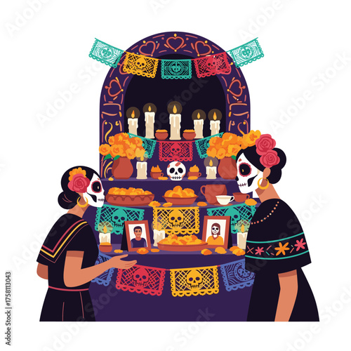 Two women in traditional attire observe a colorful altar adorned with candles and decorations for a cultural celebration.