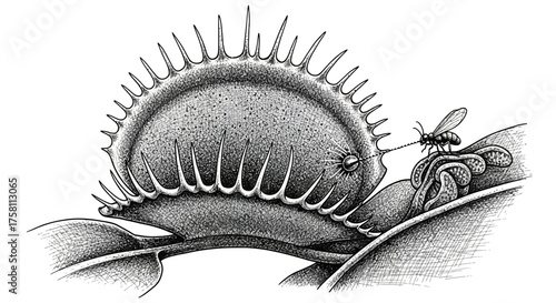 Intricate Cross-Hatch Illustration of a Venus Flytrap's Mechanism