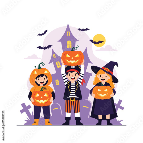 Three children in halloween costumes celebrating the spooky holiday with pumpkins and a haunted house.