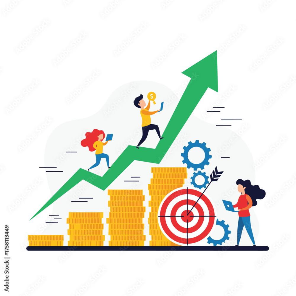 Fototapeta premium People climbing up a rising financial graph with coins and targets.