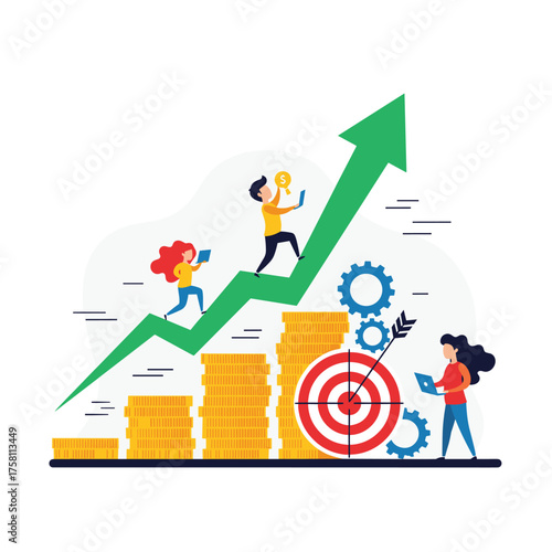 People climbing up a rising financial graph with coins and targets.
