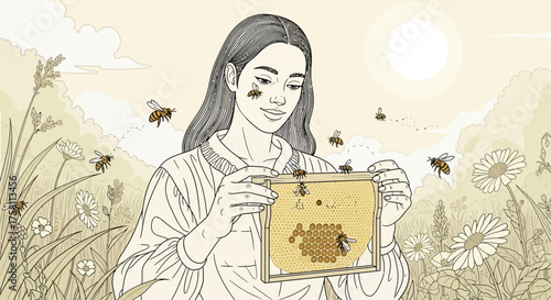 Line Art Woman Beekeeper in a Sunlit Field Illustration