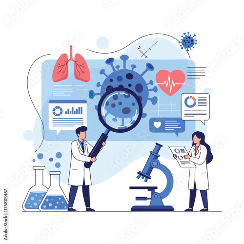 Medical research team analyzing a virus under a microscope with scientific data and equipment.