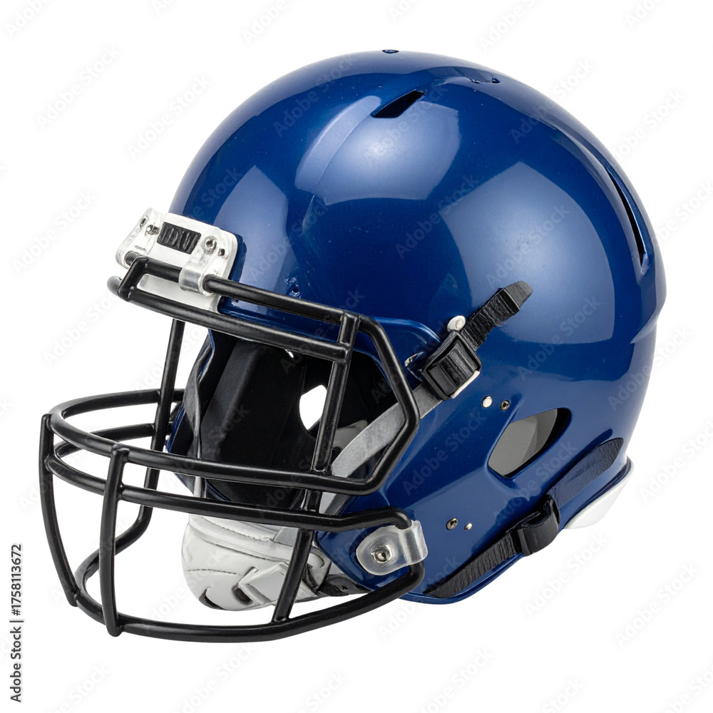 Fototapeta premium An American football helmet, a vital piece of sport equipment for protection and safety, is often pictured isolated on a white background in blue or red as a gear object for a team player