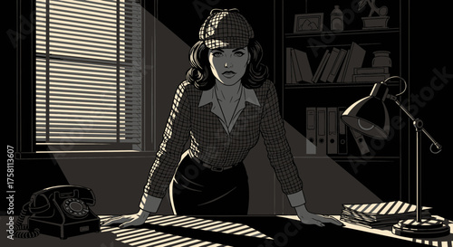 Line Art Woman in a Noir Detective Scene Illustration