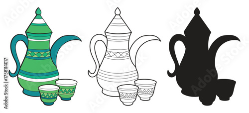 Traditional Arabic Coffee Pot (Dallah) with Cups – Full Color, Line Art, and Silhouette Versions for Cultural Education and Printable Classroom Activities