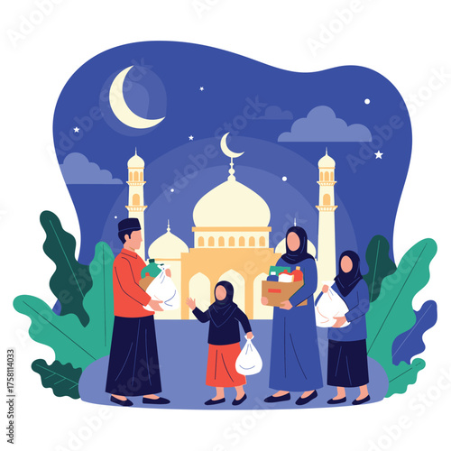 A family shares food during Ramadan in front of a mosque.