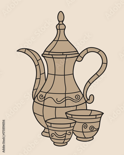 Outline Vector Illustration of Classic Arabian Coffee Pot (Dallah) and Two Empty Cups (Finjan), Highlighting Smooth Lines and Traditional Curvature Design on a Soft Background