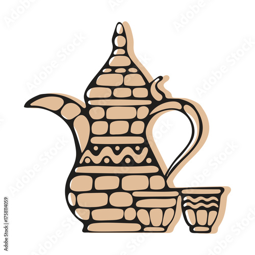 Hand-Drawn Style Vector of Traditional Arabic Coffee Pot (Dallah) and Single Cup (Finjan), Featuring Abstract Middle Eastern Cultural Brick Pattern and Warm Earth Tones