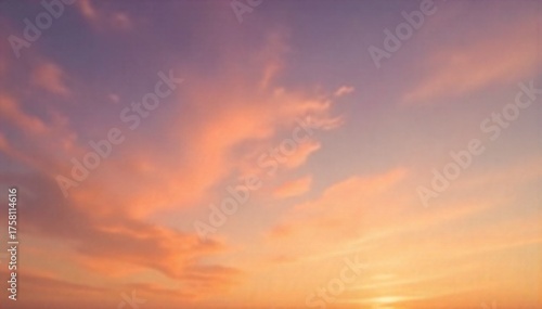 Golden hour over vast, wispy cloud formations, casting a warm, ethereal glow on the horizon. An expansive cloudscape during golden hour. The sky is filled with swirling, wispy clouds in vibrant hues