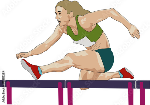 Female Athlete Jumping Over Hurdle Vector Illustration