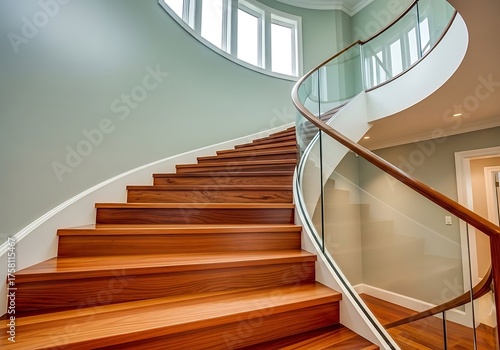 Modern wooden spiral staircase with glass railing in a well-lit interior space