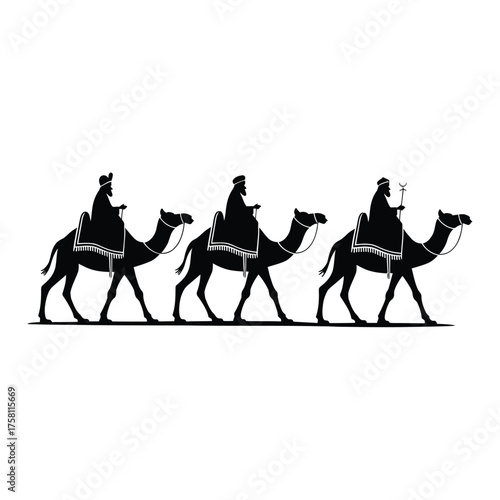 Three wise men silhouettes traveling on camels