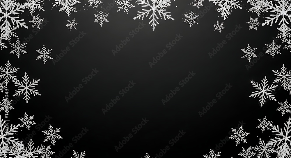 Fototapeta premium Elegant snowflake border on black background for winter holiday design