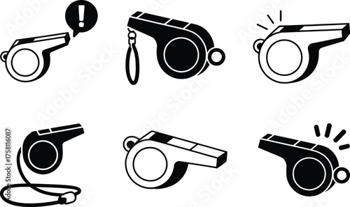 Collection of Black and White Whistle Icons with Various Designs