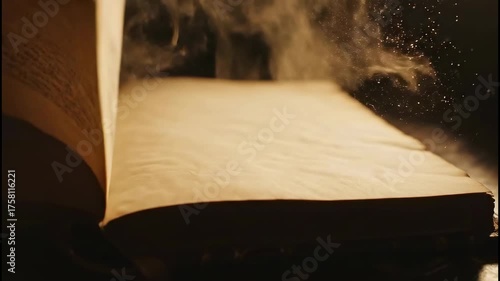 Close-up of a hand turning a page in a dusty, ancient book. Slow motion footage of a mysterious old manuscript revealing hidden knowledge and history