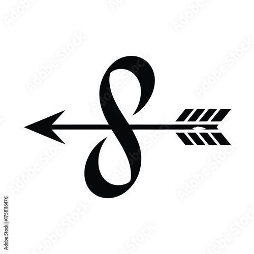 Elegant minimalist black infinity symbol artfully intersected by a sleek stylized arrow conveying timelessness and direction in a modern aesthetic
