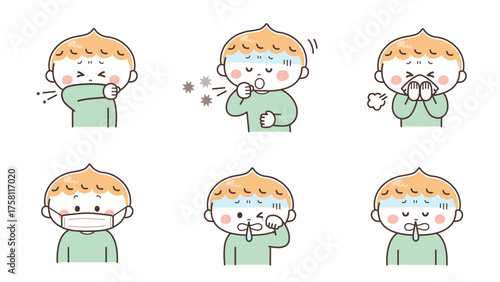 体調不良の男の子のイラストセット