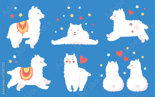 Cute Cartoon Alpacas in Various Poses on Blue Background