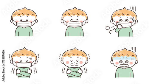 体調不良の男の子のイラストセット