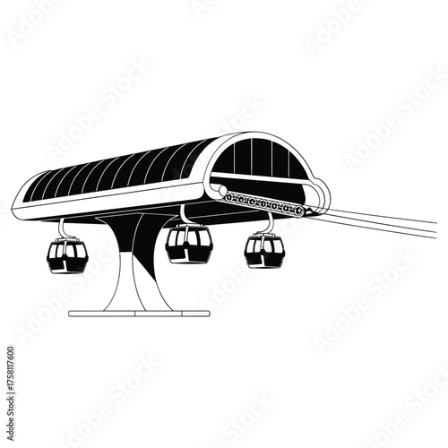 Modern gondola station with suspended cabins and cableway