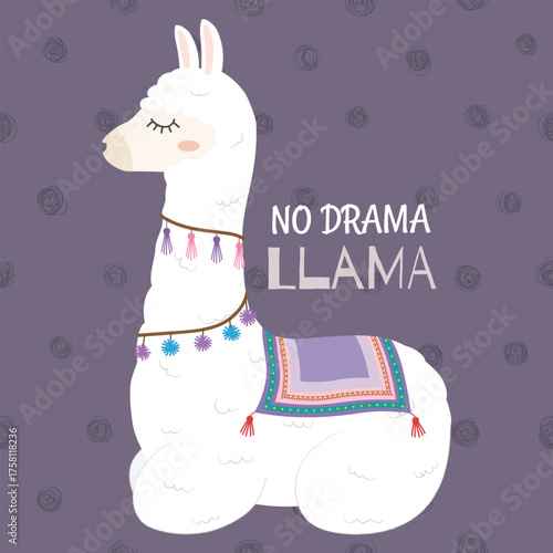 Llama with Colorful Tassels and Blanket on Purple Background