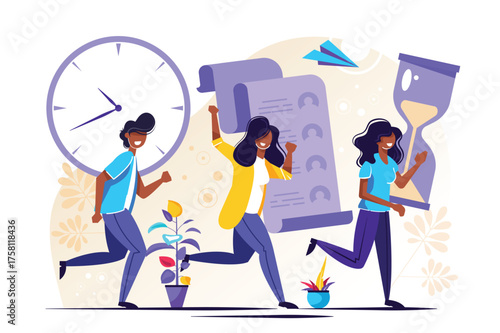 People Running with Clock and Hourglass Illustration