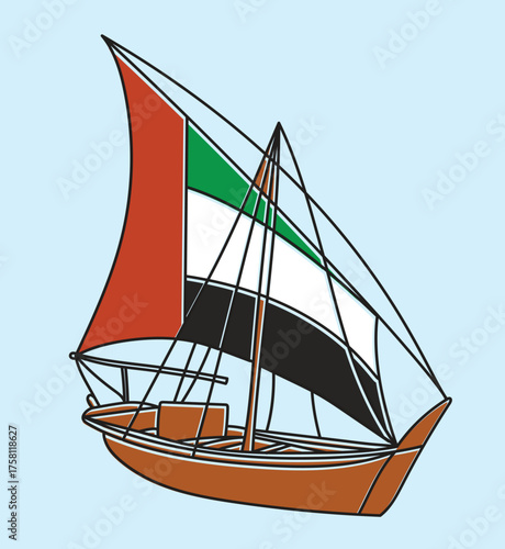 Illustration of a traditional Arab dhow boat with a sail design carrying the UAE flag: perfect for celebrating National Day and Flag Day.