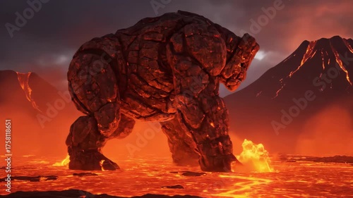 Colossal Lava Golem Marches Through a Molten Sea, Causing Fiery Explosions in a Volcanic Hellscape.